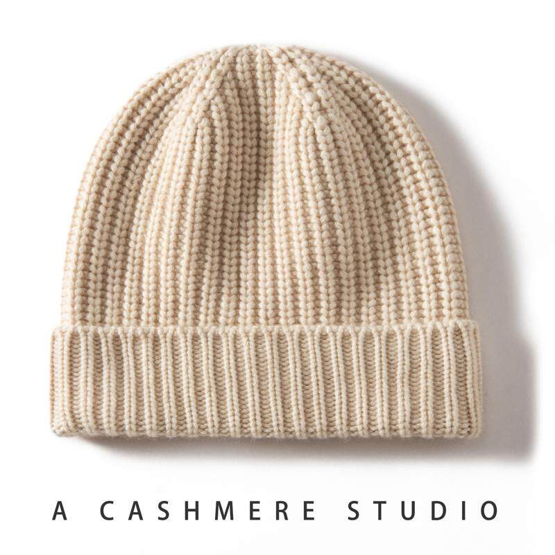 秋冬加厚100%纯山羊绒帽子女针织罗纹圆顶简约休闲百搭花纱帽子男