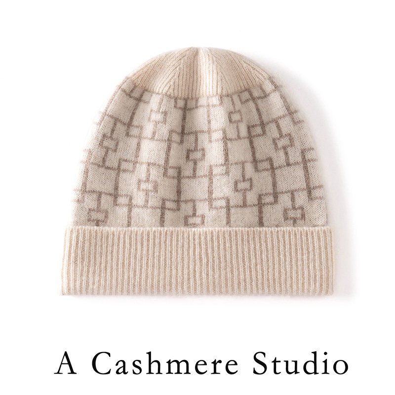 高级感~100%纯山羊绒帽子男女秋冬针织提花翻边保暖护耳帽