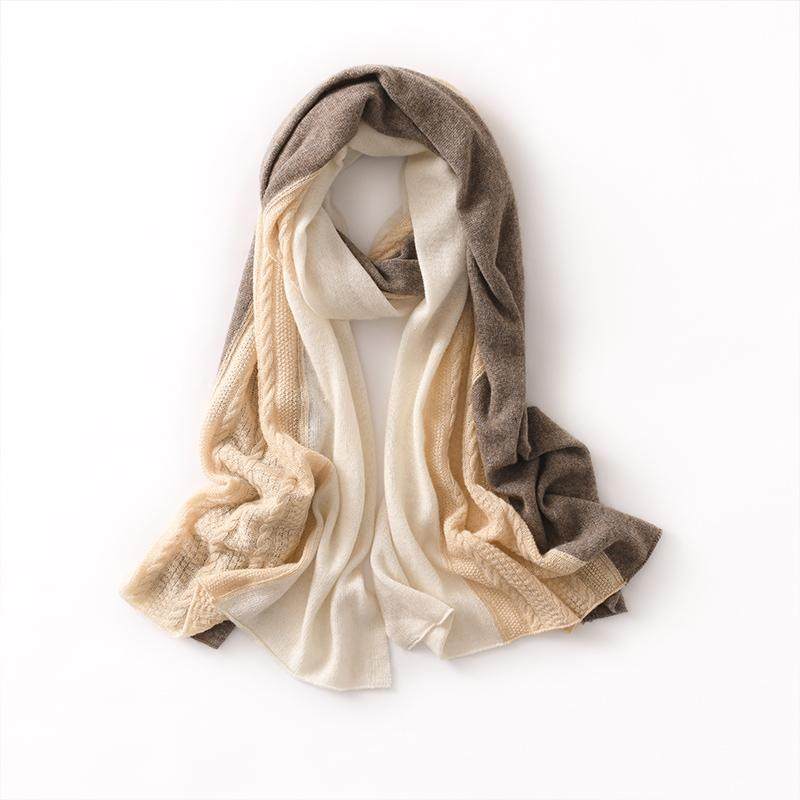 超柔软！秋冬100%纯山羊绒大围巾女交织拼接三色保暖针织两用披肩