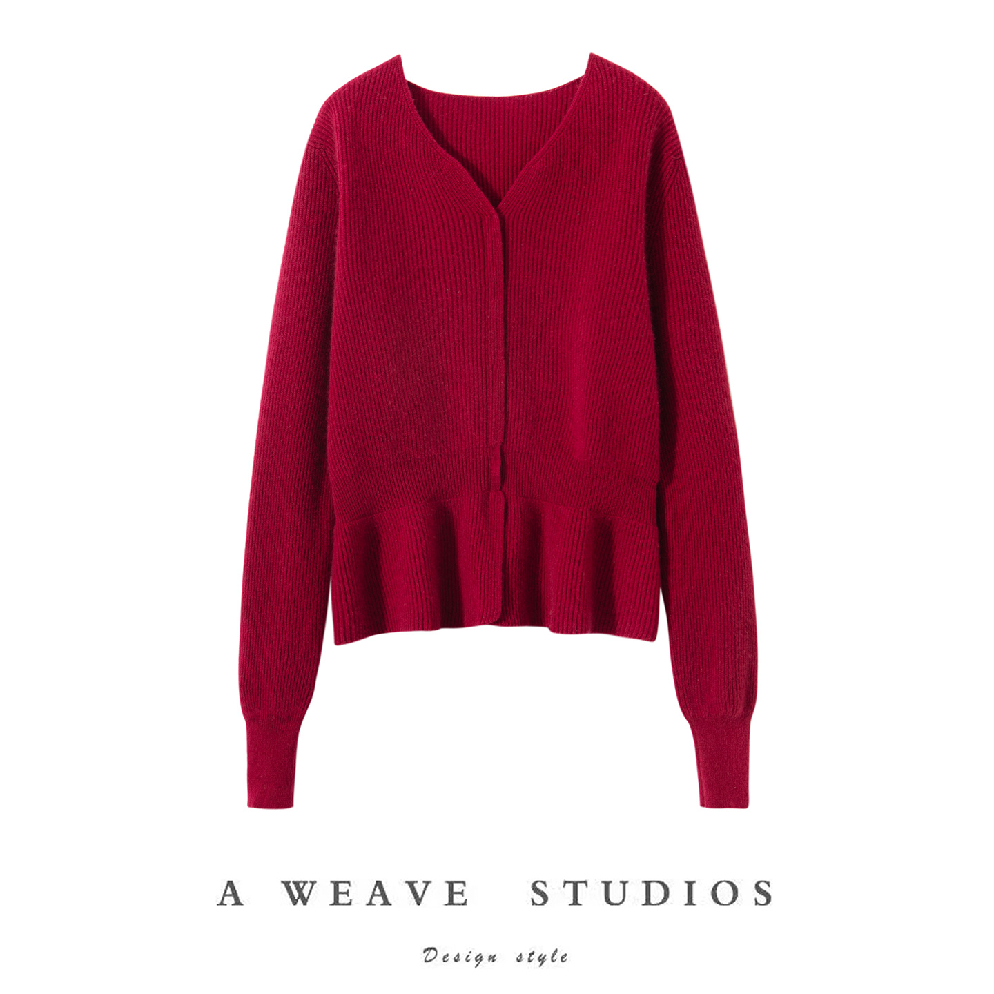 秋冬红色V领纯山羊绒女开衫