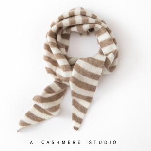 秋冬100%纯山羊绒三角巾女士秋冬围巾条纹针织护颈围脖保暖披肩