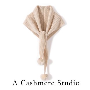 秋冬新款~100%纯山羊绒三角巾女可拆卸狐狸毛球多功能披肩围脖