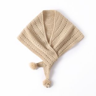 秋冬100%纯山羊绒三角巾女毛球款轻奢针织保暖气质围巾披肩两用