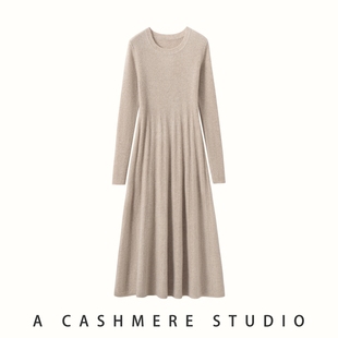 秋冬100%纯山羊绒连衣裙女抽条圆领修身显瘦针织打底毛衣裙中长款