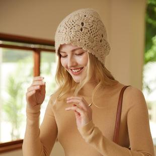 精美法式镂空~100%纯山羊绒帽子女手工编织双层钩花针织包头帽