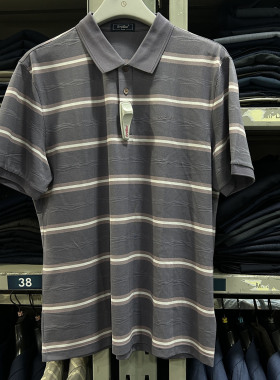 金利来男装T恤夏款含桑蚕丝条纹透气翻领常规短袖MTS23111461-26