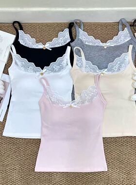 新款带胸垫蕾丝拼接v领背心女夏季外穿修身吊带辣妹纯欲显瘦上衣