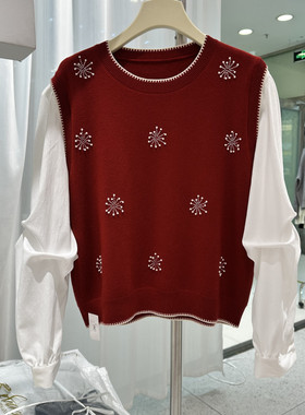 欧货2025冬季款时尚圆领钉珠拼接假两件洋气减龄针织打底衫12043