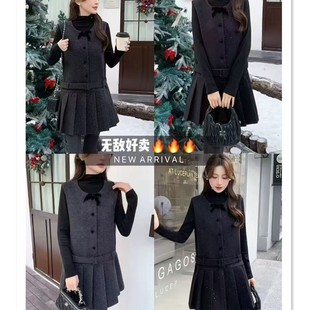 套裙女韩版 时尚 小香风蝴蝶结毛呢连衣裙两件套25688 新款 2025冬季