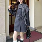 2026春季 收腰系带羊毛外套26C036 大衣气质减龄针织拼接 新款 时尚
