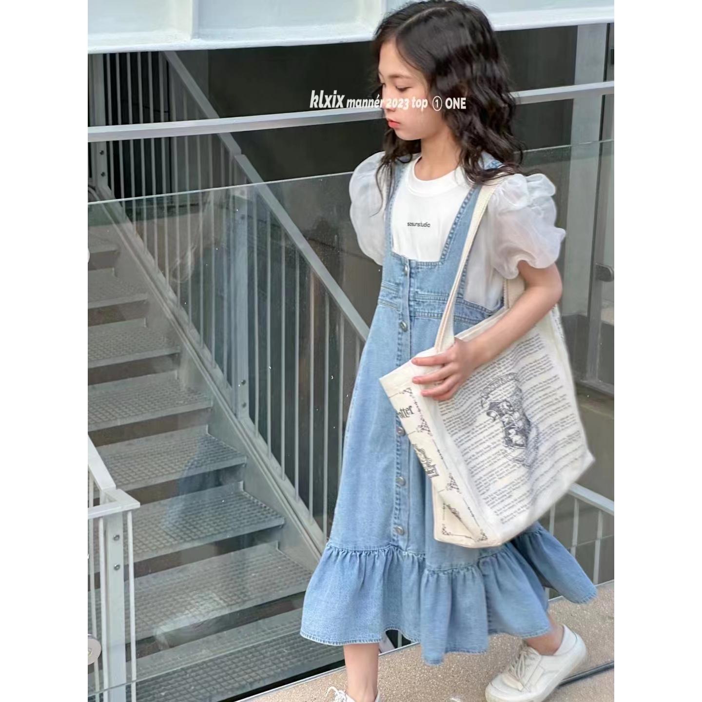 波拉韩国童装女童牛仔连衣裙春夏新款儿童背带裙中大童两件套套装