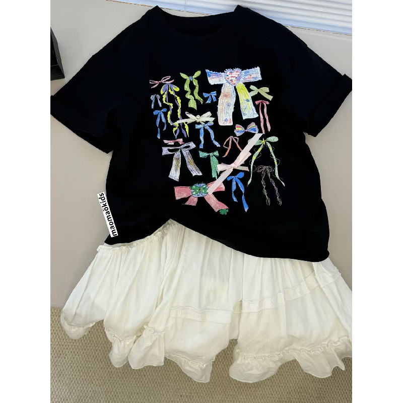 韩国潮牌童装女童短袖T恤衫2025春夏季新款儿童宽松圆领亲子上衣