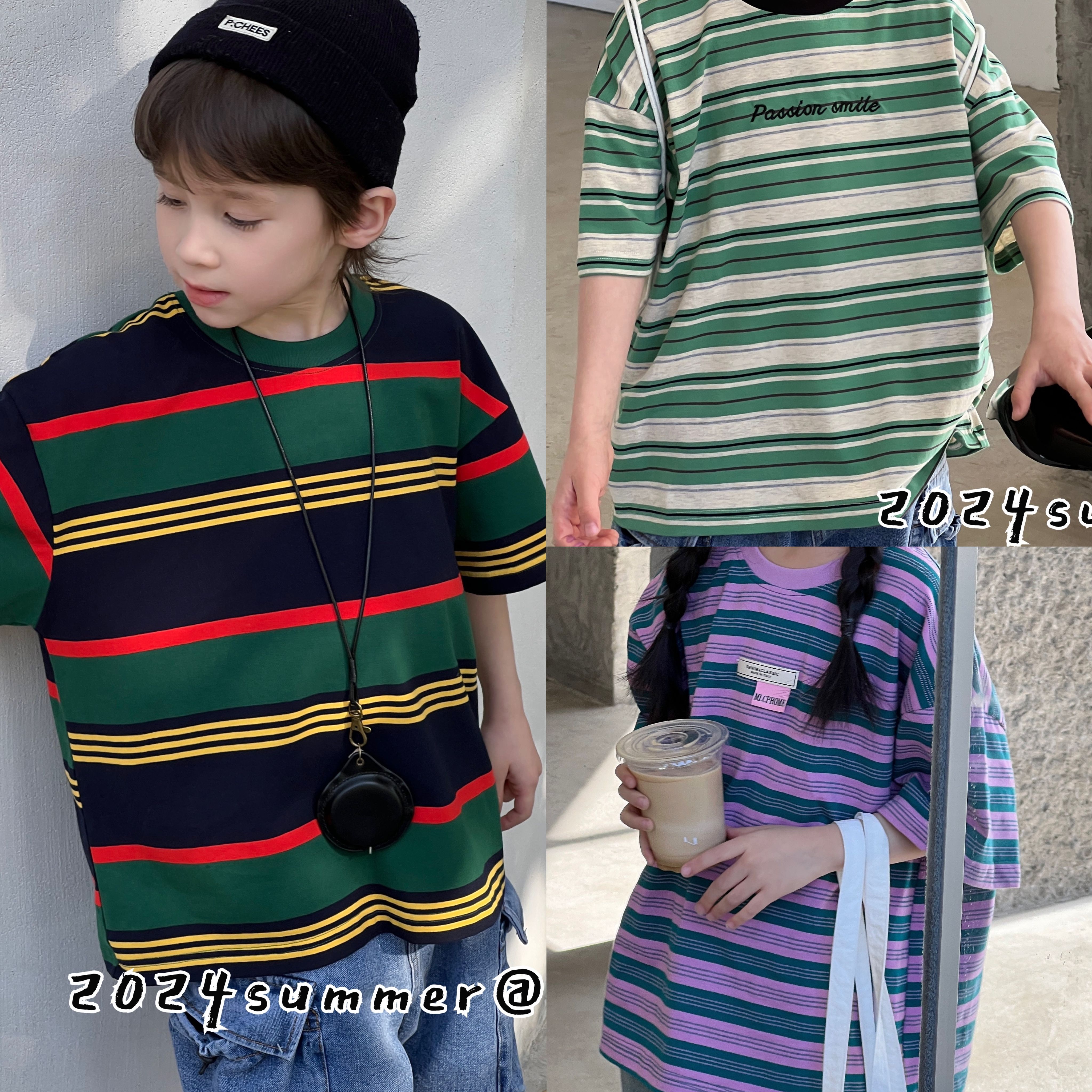 韩国童装男女童纯棉短袖T恤衫夏季新款儿童条纹圆领上衣亲子