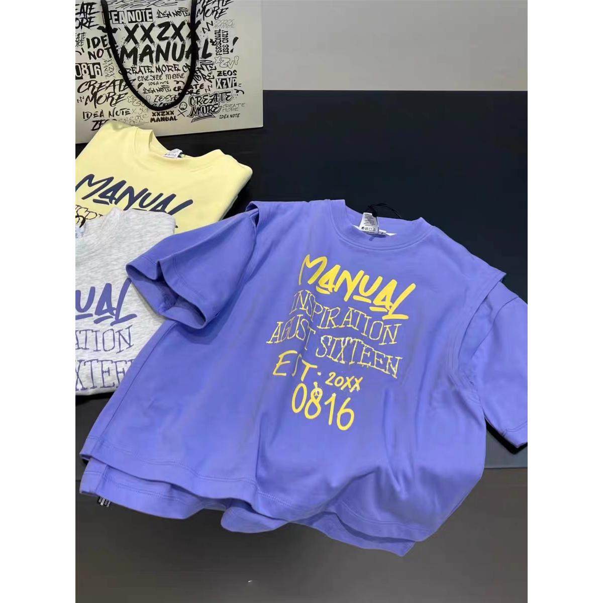 波拉韩国童装儿童T恤背心春夏季街舞潮牌男女童短袖T恤衫两件套装