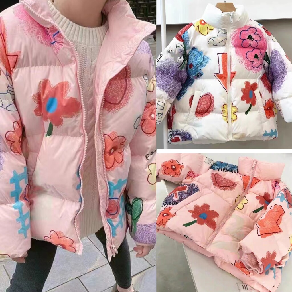 韩国童装儿童90白鸭绒加厚外套秋冬款女童花朵面包服中大童羽绒服