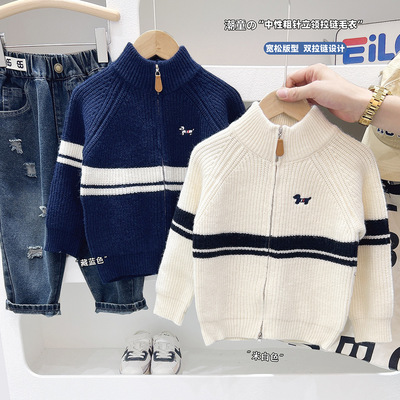 男童韩版毛衣 刺绣小狗半高领撞色针织衫2025秋季新款毛衣拉链衫