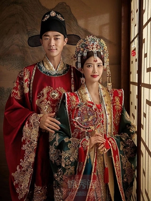 出租中式婚服凤冠霞帔红男绿女