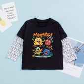 网眼冰丝袖 儿童超薄纯棉长袖 t恤假两件防晒防蚊上衣男童怪兽衣服