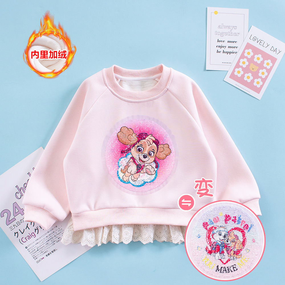 女童花边假两件上衣秋冬加绒卫衣