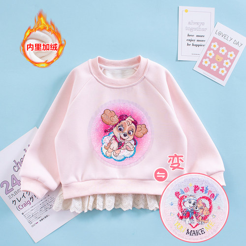 女童花边假两件上衣秋冬加绒卫衣