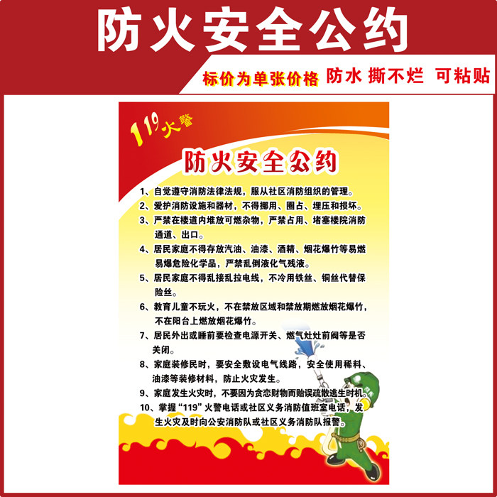 消防防火公约海报制度 社区居民防火安全知识 防火安全公约墙贴画