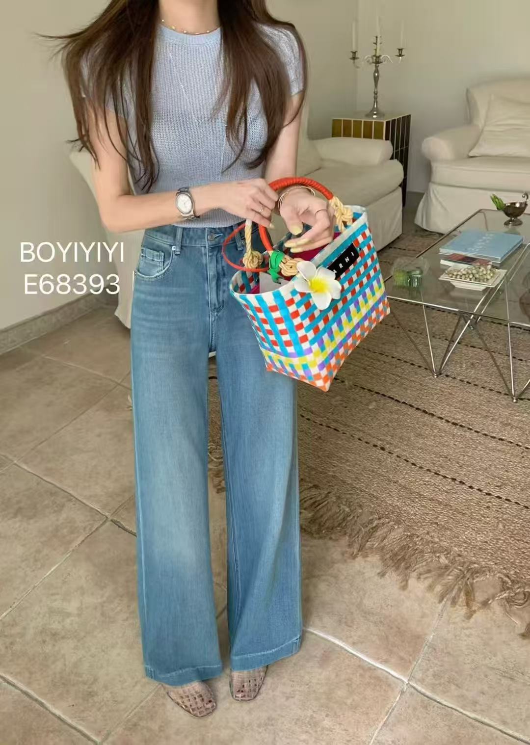 十三行Boyiyiyi三衣牛仔女四面弹浅蓝小个子阔腿十分直筒裤68393