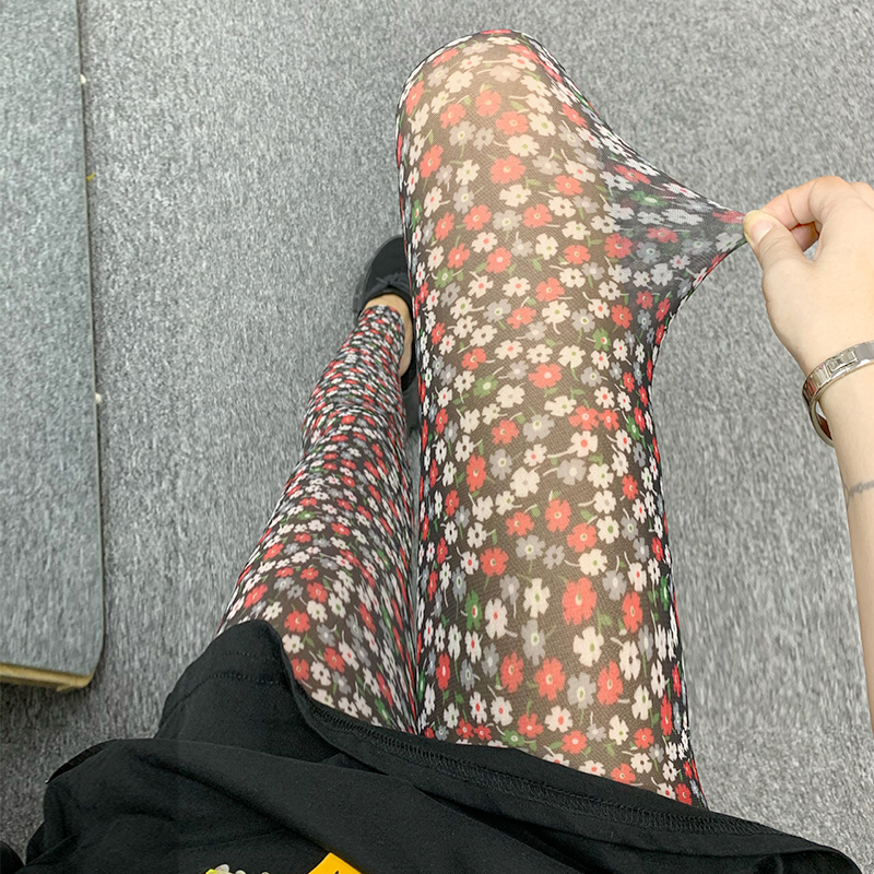 薄款打底裤夏天女弹力紧身花裤子波西米亚网纱透气九分防晒小脚裤