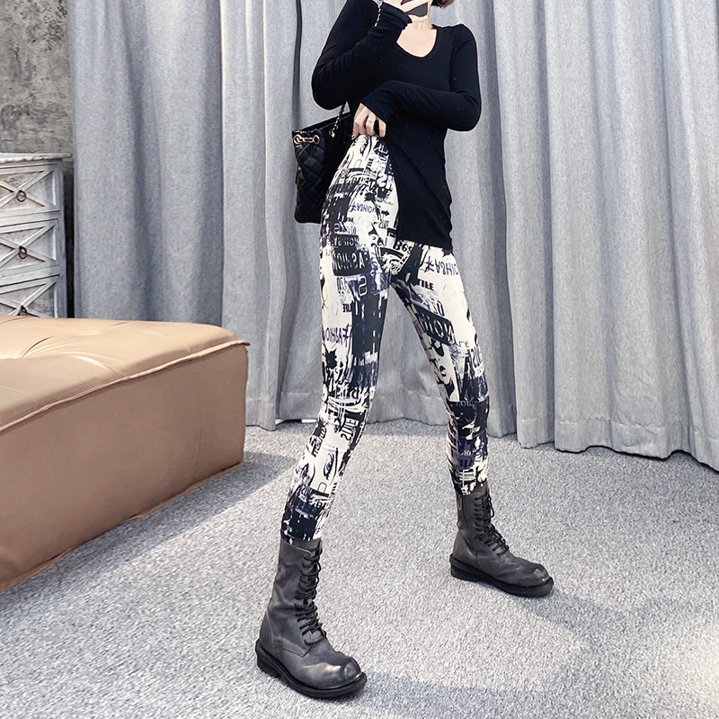 彩色打底裤外穿女小脚裤高腰薄款时尚印花涂鸦显瘦高弹力紧身裤子