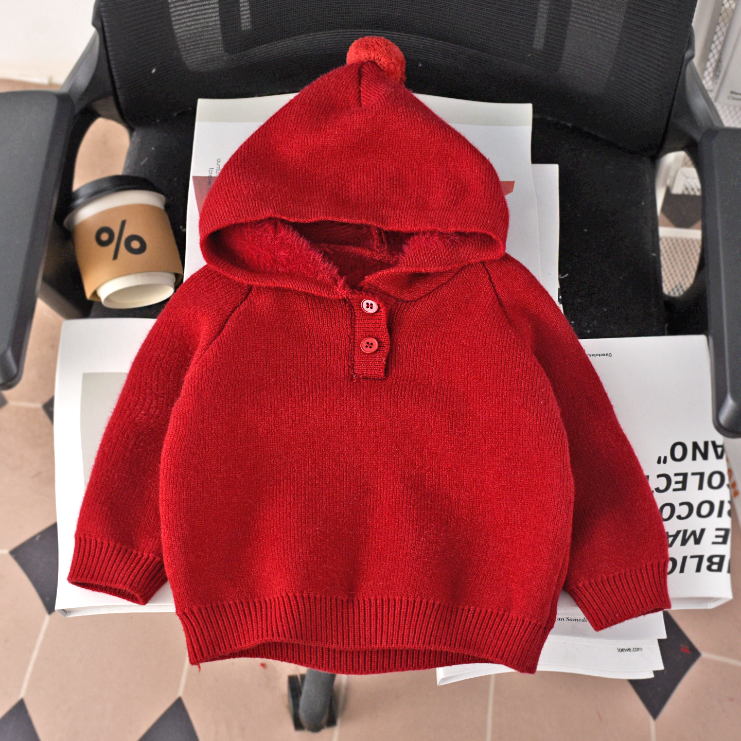 小童休闲连帽加绒喜庆毛衣