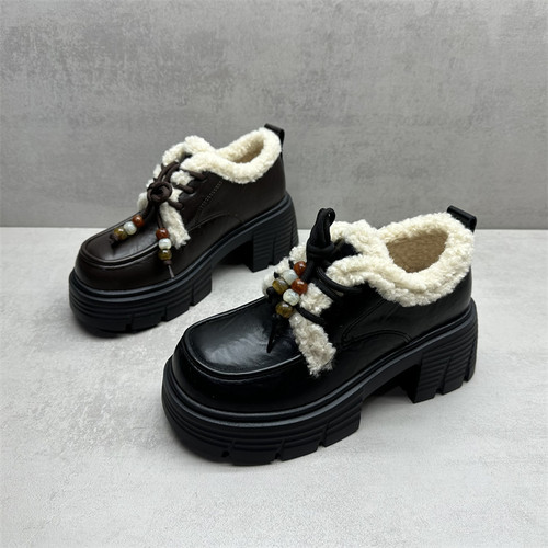 断码处理系带厚底加绒乐福棉鞋女