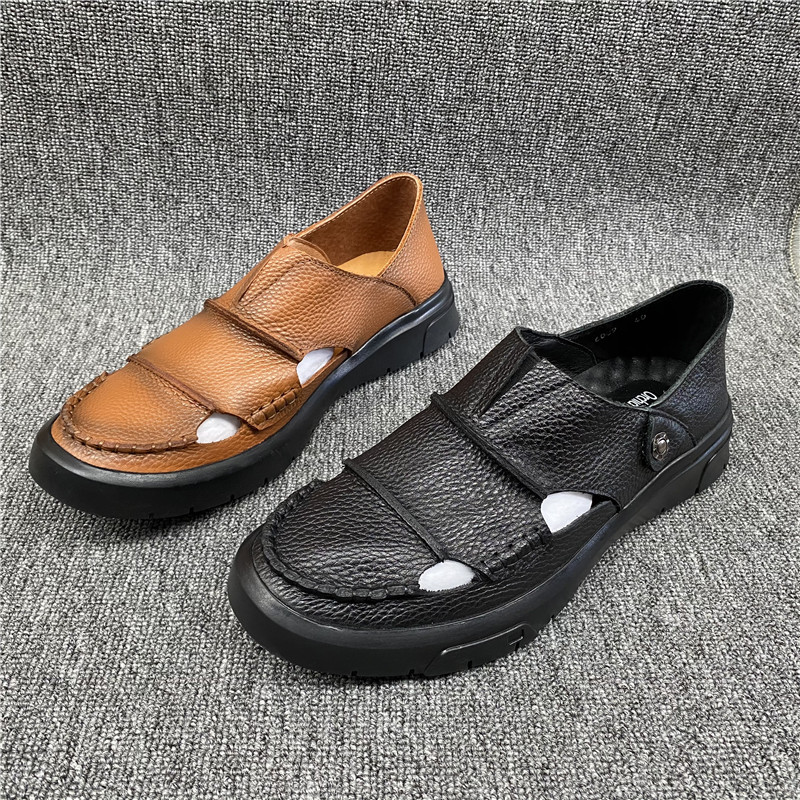 工厂处理2021夏款真皮断码男鞋头层牛皮深口镂空透气软底包头凉鞋