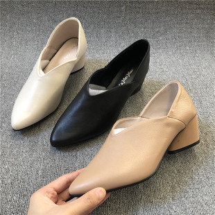 尖头粗跟舒适浅口中跟牛皮女单鞋 工厂外贸处理断码 韩版 女鞋 秋款