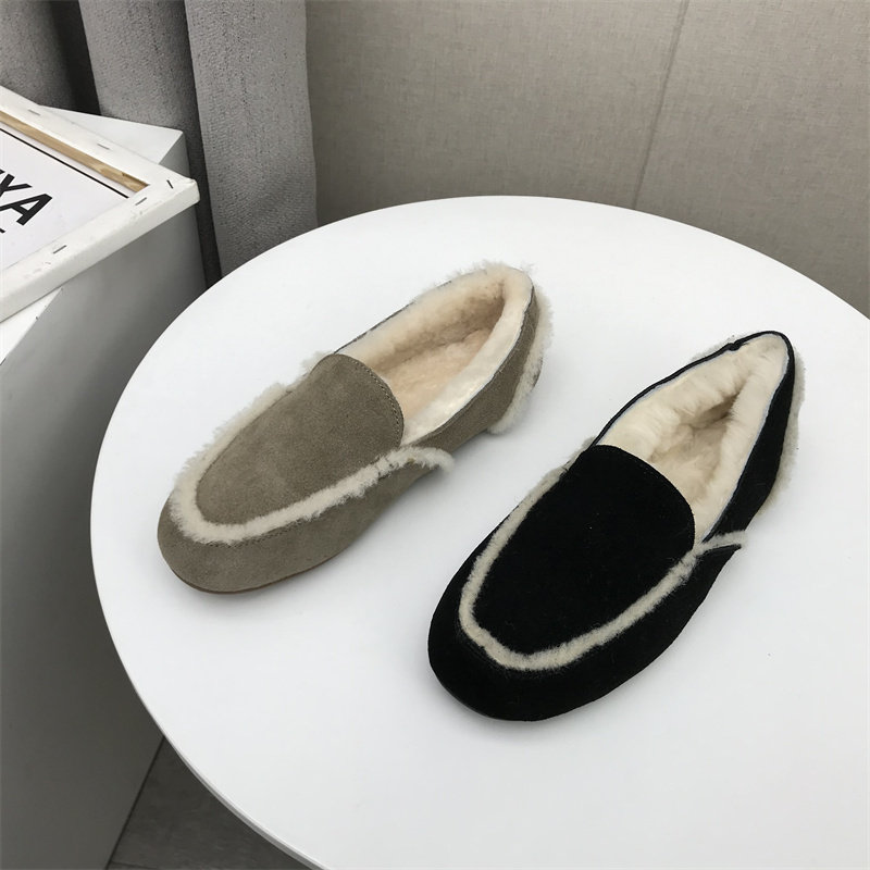 撤柜断码处理冬季新款韩版真皮百搭平底舒适磨砂皮加绒保暖豆豆鞋