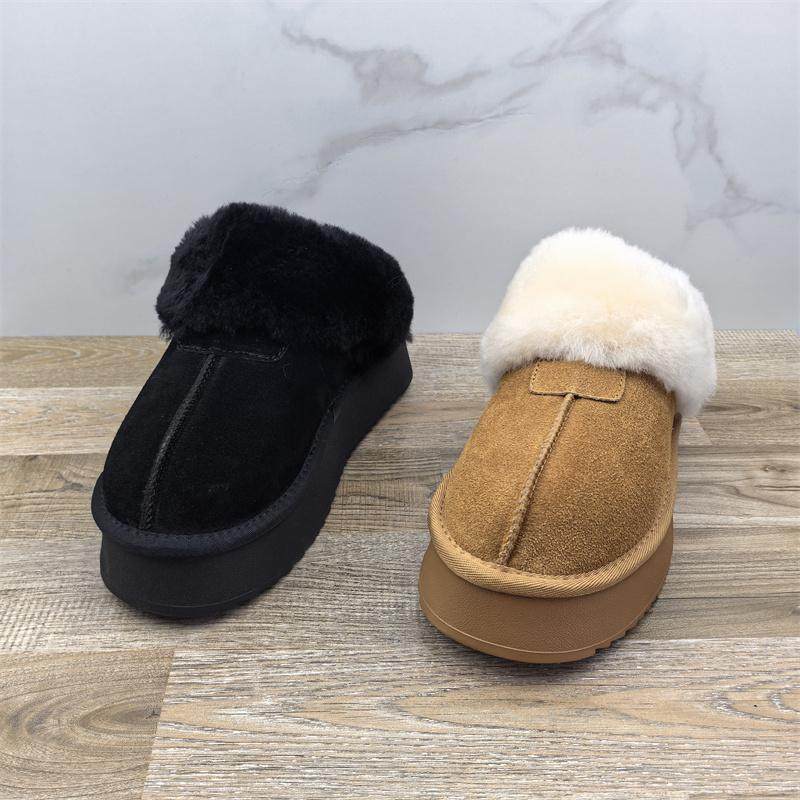 断码处理秋冬真皮女鞋休闲百搭磨砂皮厚底包头羊毛口雪地棉拖鞋女
