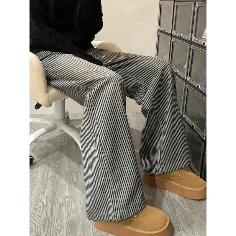 黑灰色条纹阔腿牛仔裤女夏季新款胖妹妹mm高腰宽松显瘦直筒拖地裤