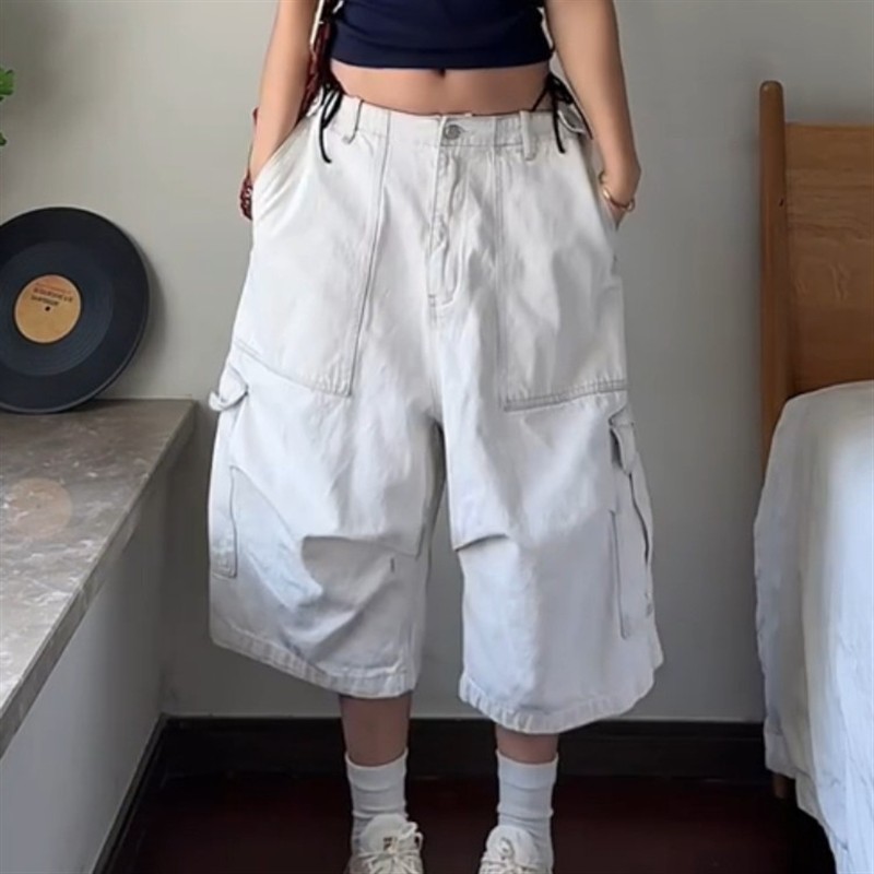 大码美式高街vibe大口袋工装牛仔短裤男女夏季休闲宽松阔腿七分裤