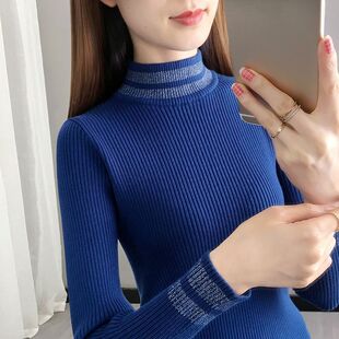 黑色打底衫女秋冬新款亮丝针织衫长袖内搭上衣修身短款半高领毛衣