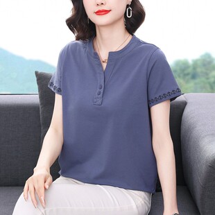 五十多岁妈妈夏装上衣洋气v领纯棉短袖t恤女中老年半袖大码体恤衫