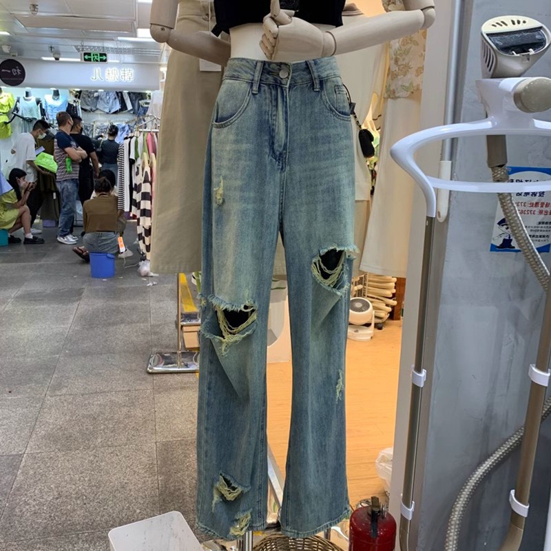 复古破洞牛仔裤女夏薄款胖妹妹mm高腰宽松显瘦阔腿裤梨形身材裤子
