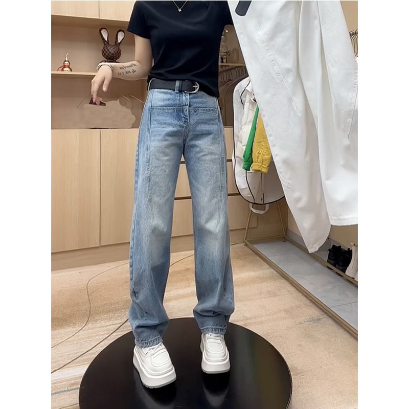 梨型身材裤子大码高腰窄版直筒牛仔裤女春胖mm宽松显瘦弯刀老爹裤