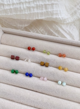 原矿水晶4mm南红玛瑙虎眼石青金石海纹石 999纯银耳钉女