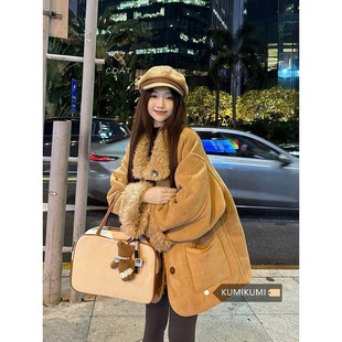 kumikumi复古羊羔毛拼接翻领外套女装冬季保暖皮毛一体中长款上衣