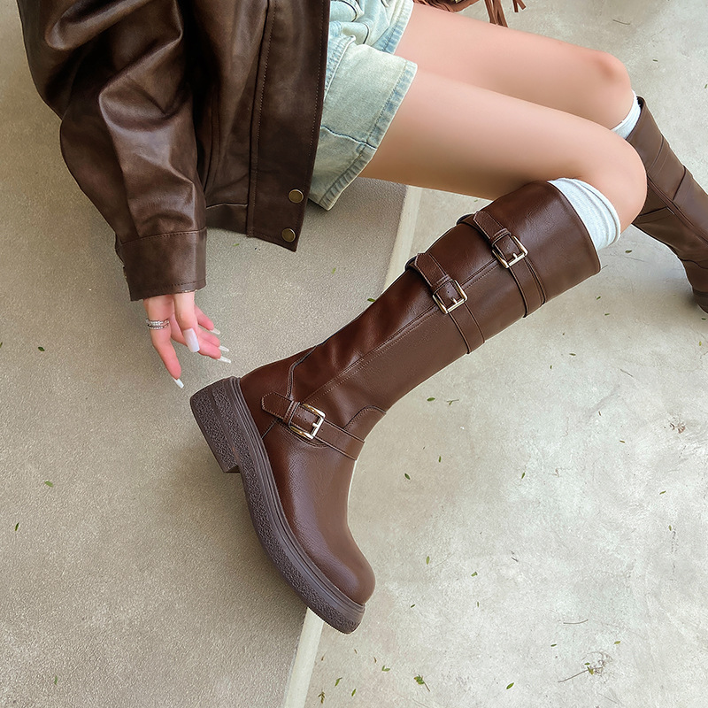 棕色长筒厚底长靴女西部牛仔美拉德高筒骑士靴2024年废土圆头粗跟