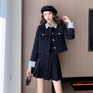 两件套女秋冬新款加厚小香风拼接短款夹棉外套高腰遮跨百褶裙套装