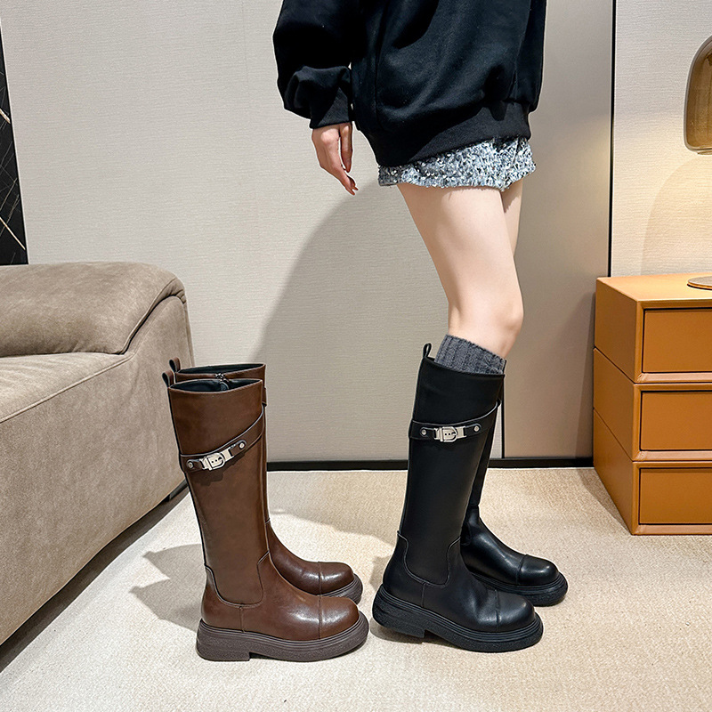 棕色骑士靴女2025秋冬新款美拉德高筒长靴不过膝长筒皮面厚底靴子