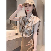 女夏季 新款 时尚 法式 气质高级感短裤 衬衫 套装 裙两件套 复古格纹无袖