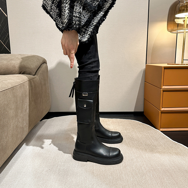 口袋骑士靴女长筒马丁靴后拉链长靴超高跟厚底2023秋冬新款高筒靴