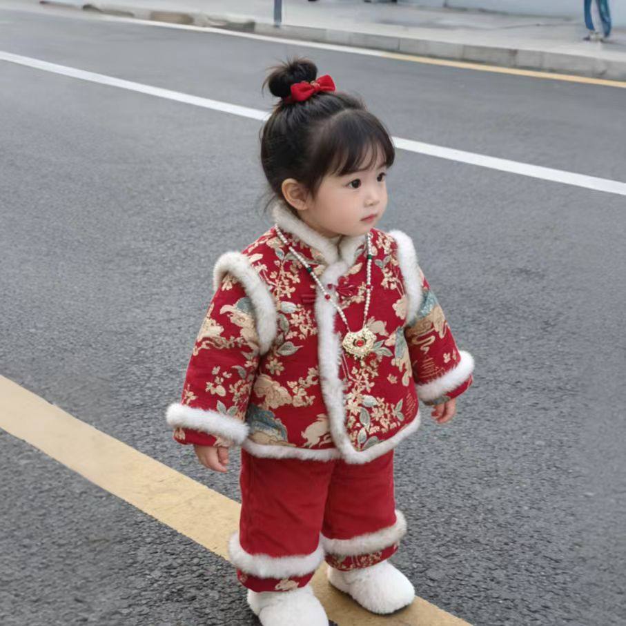2026新款女童加绒加厚拜年服儿童新年装宝宝红色喜庆周岁套装,童装/婴儿装/亲子装,套装,淘宝优惠券,粉丝福利购,淘宝优惠卷