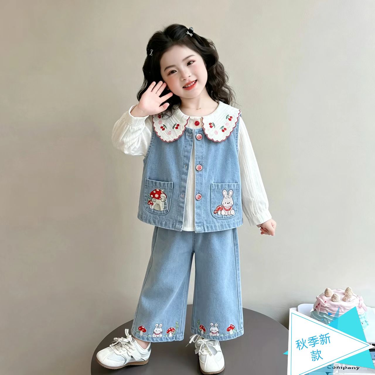 女童新款牛仔套装儿童春秋季爆款马甲裤子内搭三件套女宝宝外出服