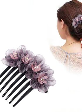韩国头饰女花朵绢纱发卡发插七齿盘发丸子头插梳简约古风防滑发叉